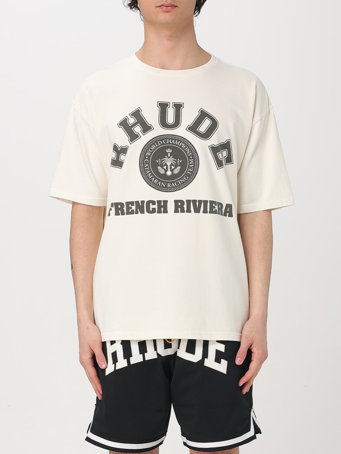 RHUDE T-SHIRT: T-shirt Rhude in cotone con stampa logo , Bianco - Img 1