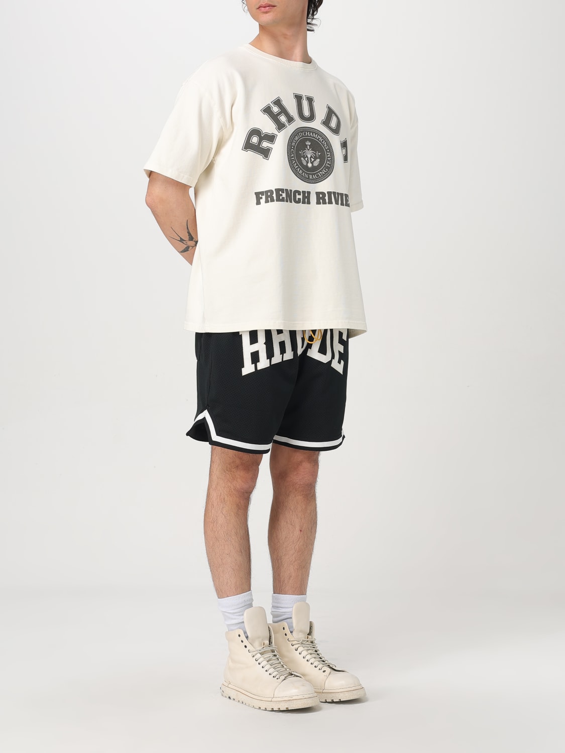 RHUDE T-SHIRT: T-shirt Rhude in cotone con stampa logo , Bianco - Img 2