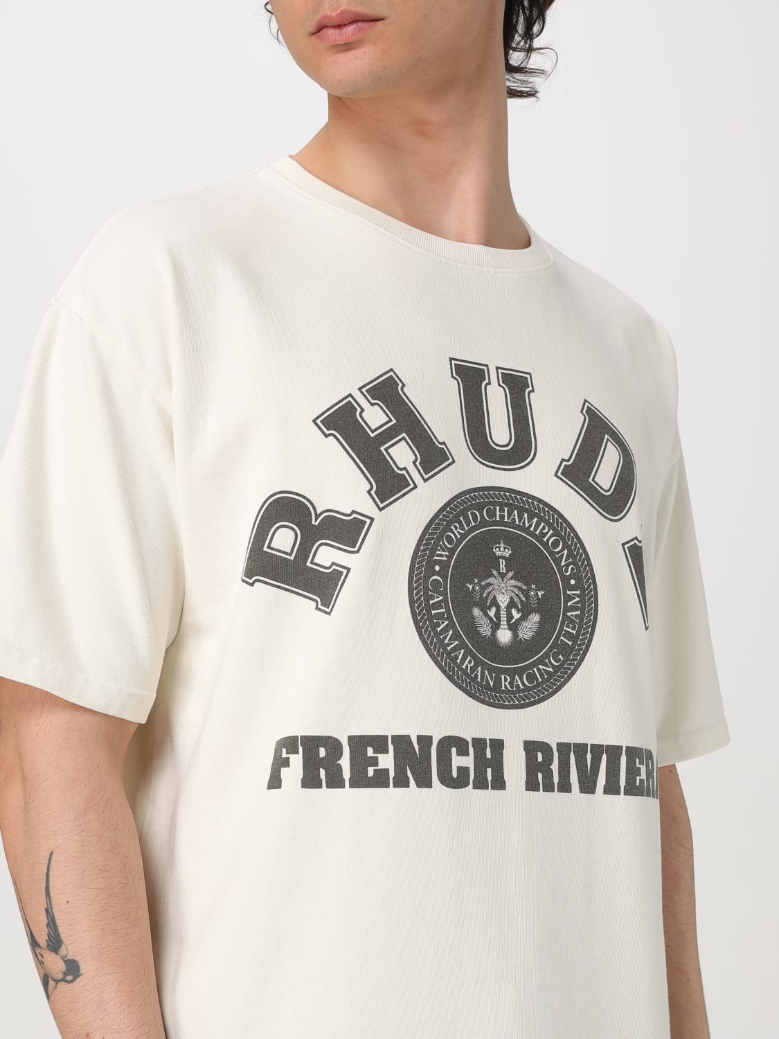 RHUDE T-SHIRT: T-shirt Rhude in cotone con stampa logo , Bianco - Img 5