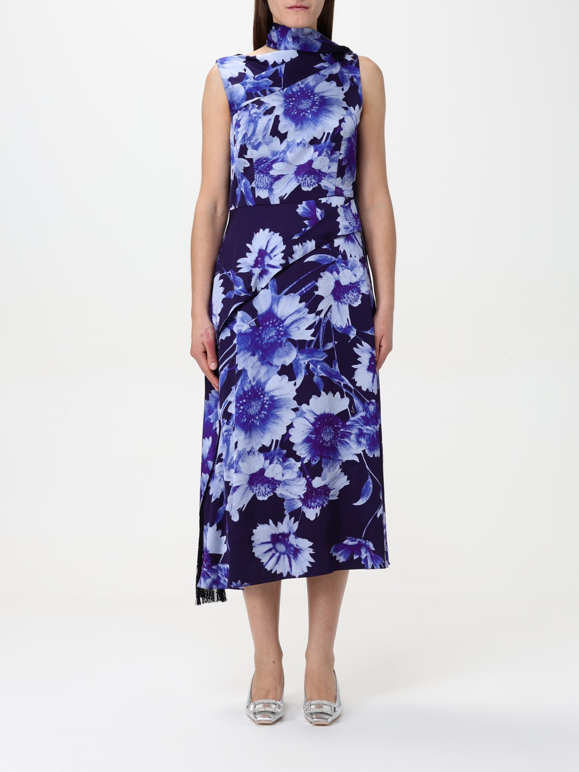 ワンピース ERDEM Woman Dress Blue PS25_D9_ITVS TROUBRIDGE FLORAL INDIGO Draped Midi Cocktail Dress | Erdem.com – ERDEM