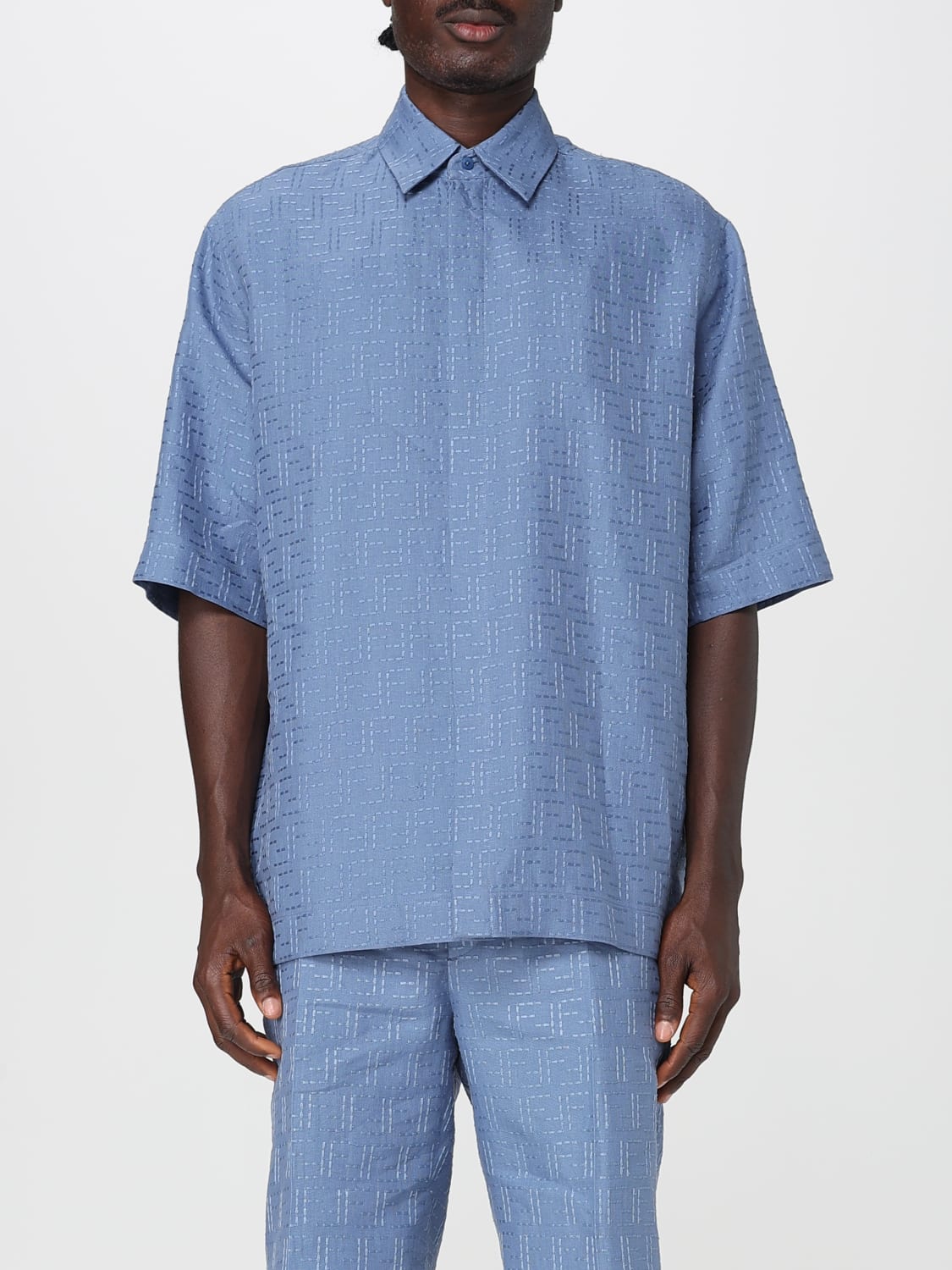 FENDI CAMICIA: Camicia di lino Fendi FF, Azzurro - Img 1