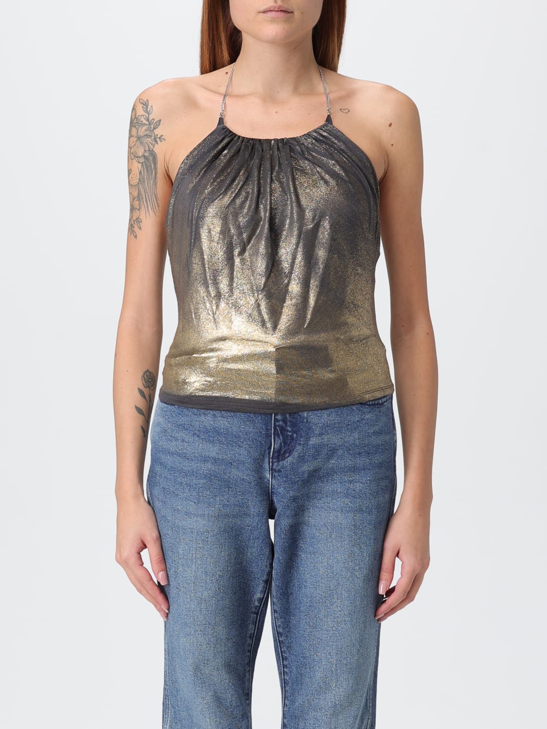 DIESEL TOP: Top t-ireni crop Diesel in acetato metallizzato, Argento - Img 1