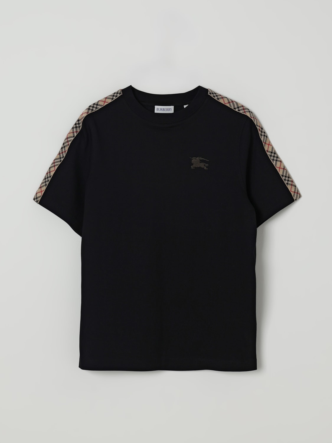 BURBERRY T-SHIRT: T-shirt in cotone con bande check Burberry, Nero - Img 1