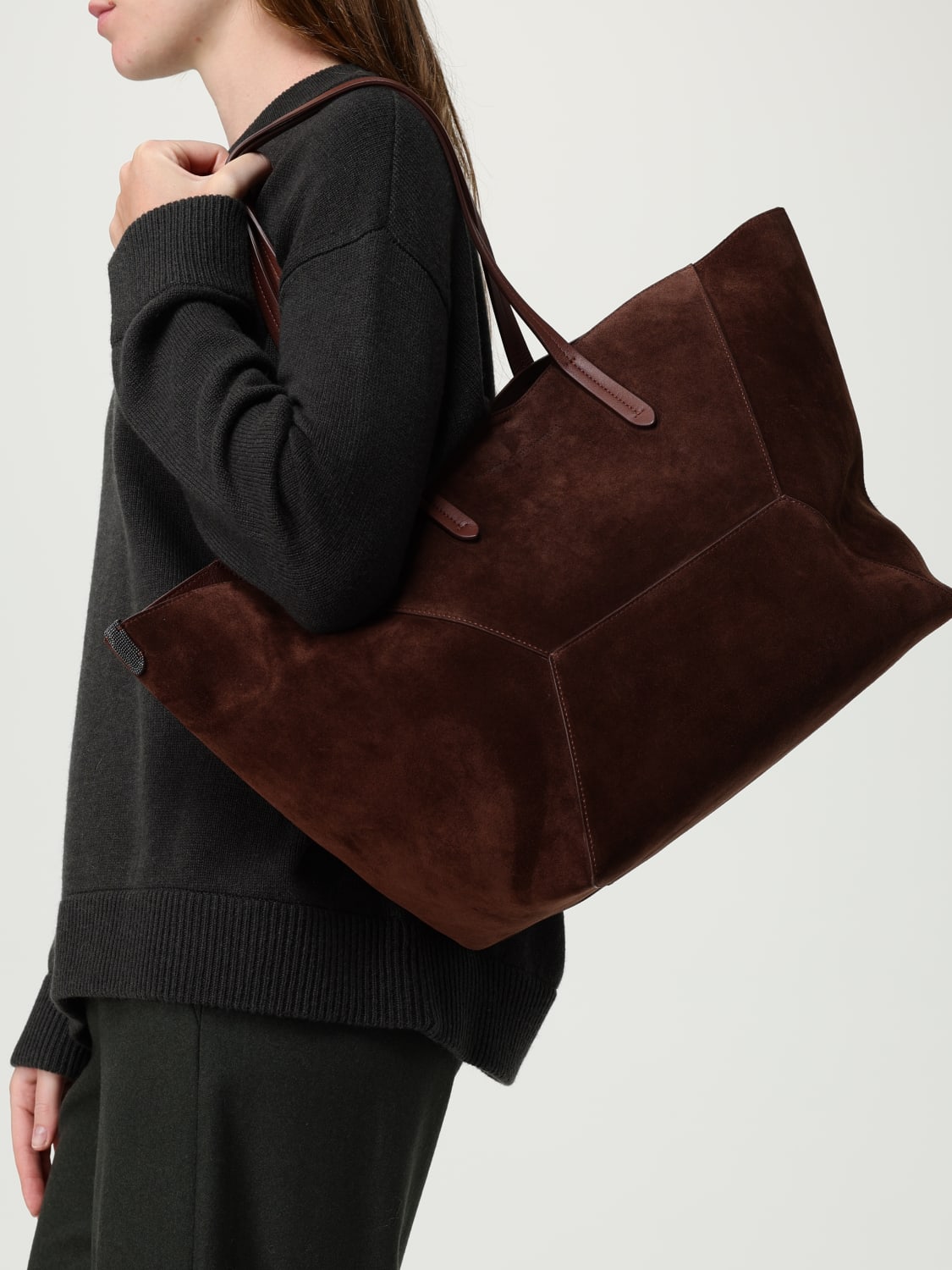 BRUNELLO CUCINELLI BORSA A SPALLA: Borsa BC Duo camoscio con monile , Bordeaux - Img 2