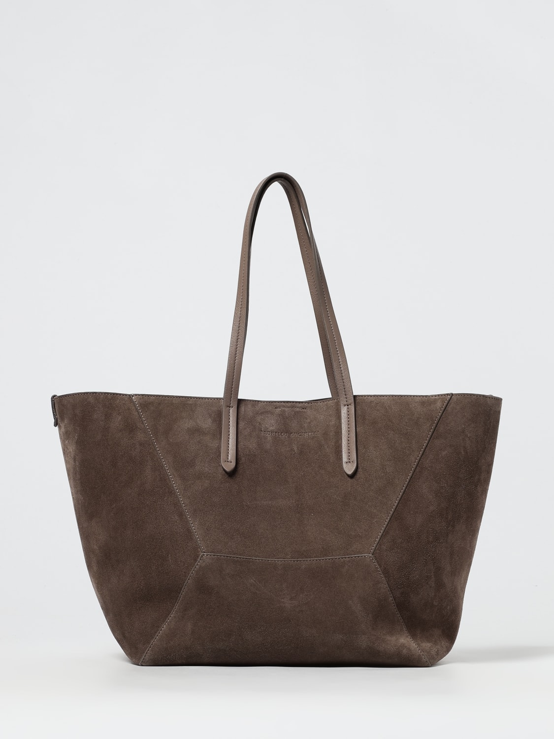 BRUNELLO CUCINELLI BORSA A SPALLA: Borsa BC Duo camoscio con monile , Tortora - Img 1