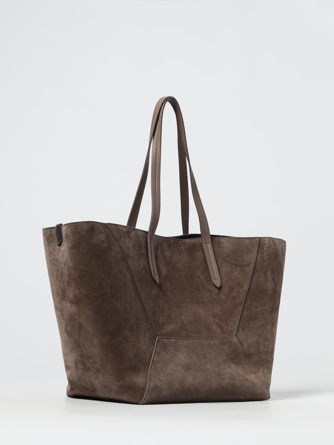 BRUNELLO CUCINELLI BORSA A SPALLA: Borsa BC Duo camoscio con monile , Tortora - Img 3