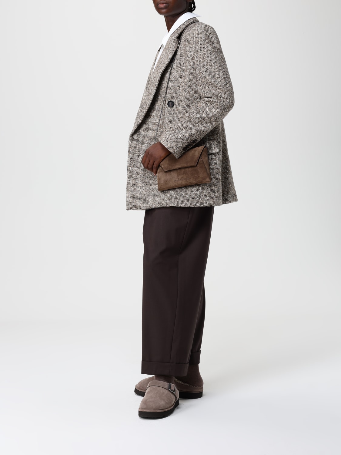 BRUNELLO CUCINELLI BORSA MINI: Pochette BC Duo Brunello Cucinelli in camoscio con tracolla monile , Tortora - Img 2