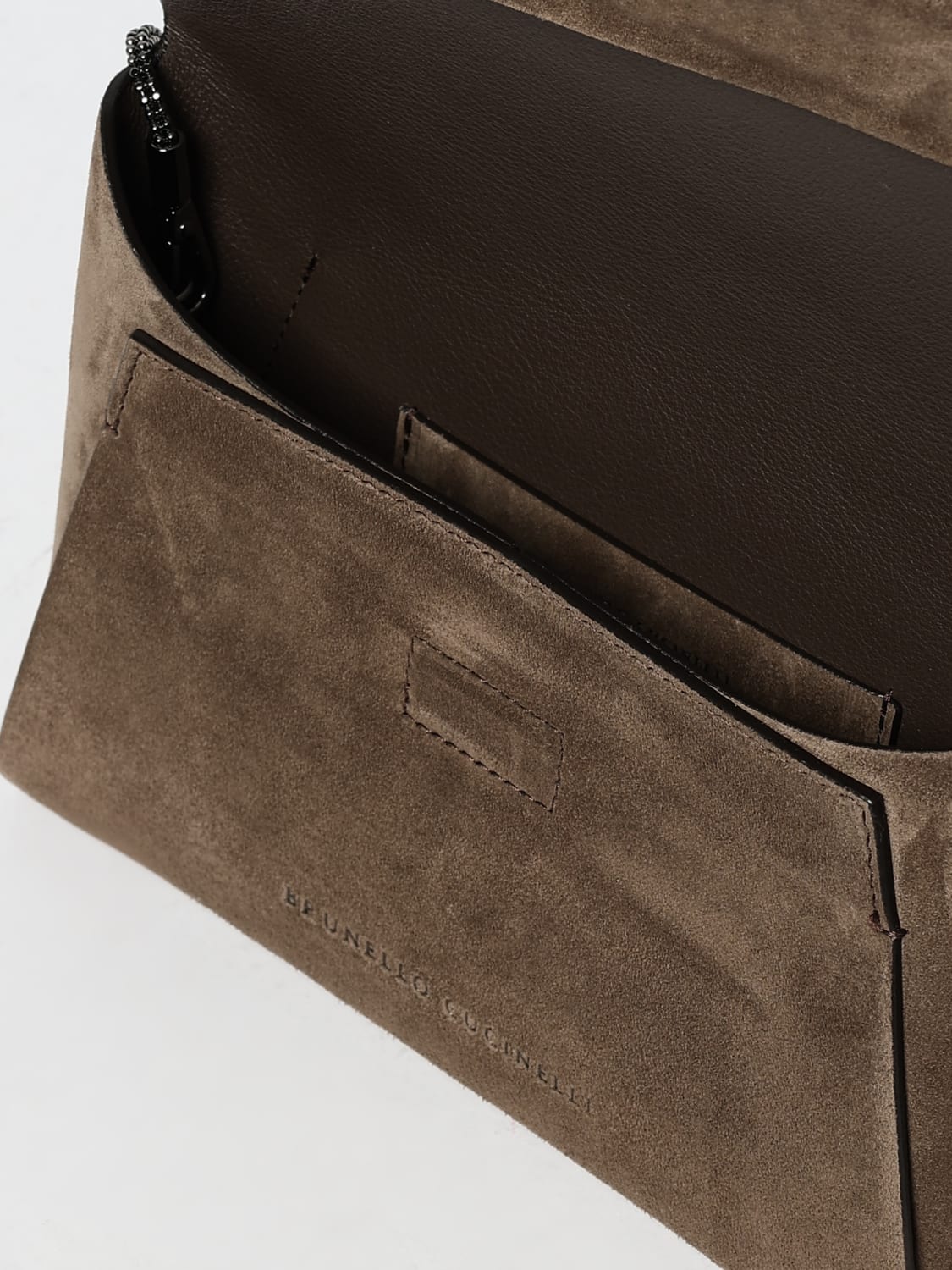 BRUNELLO CUCINELLI BORSA MINI: Pochette BC Duo Brunello Cucinelli in camoscio con tracolla monile , Tortora - Img 5