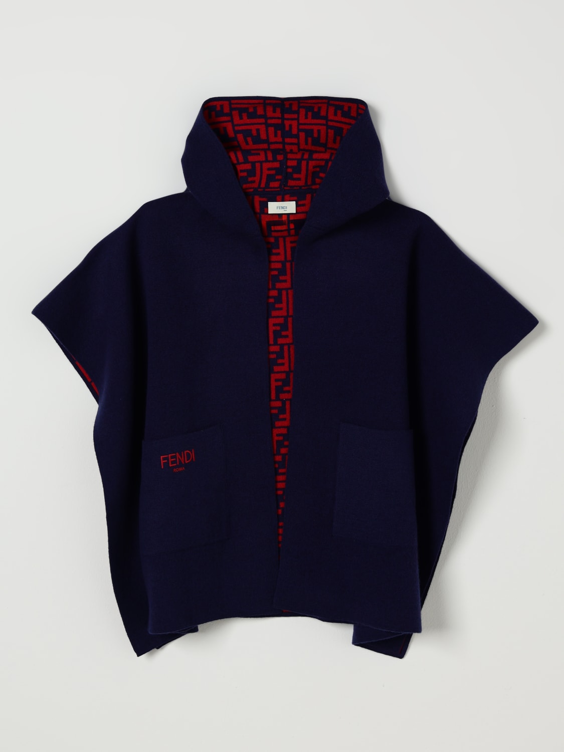 FENDI CAPPOTTO: Cappa in lana FF Fendi con cappuccio, Blue - Img 1