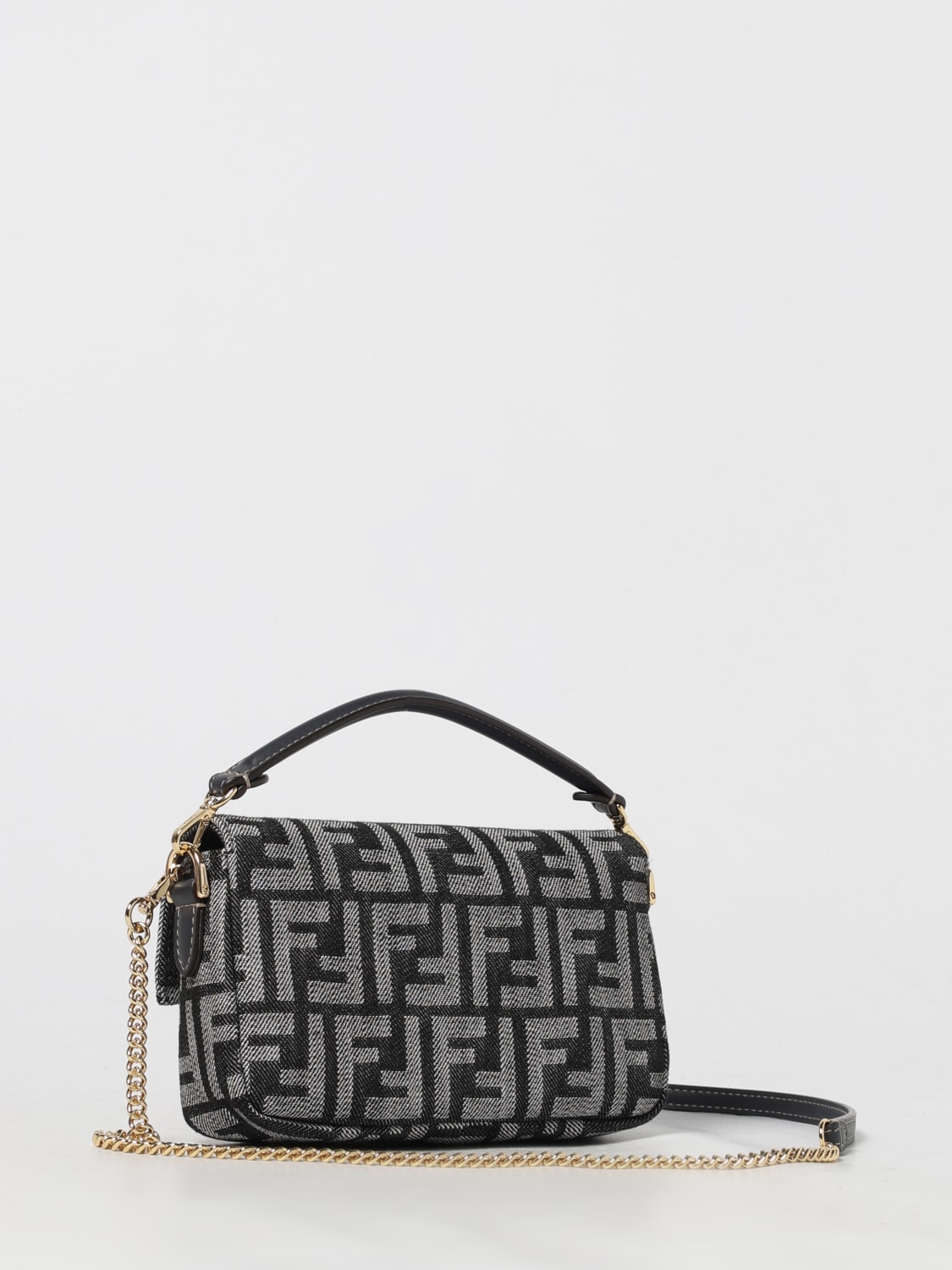 FENDI BORSA MINI: Borsa Baguette Mini Fendi in denim con monogram jacquard, Nero - Img 3
