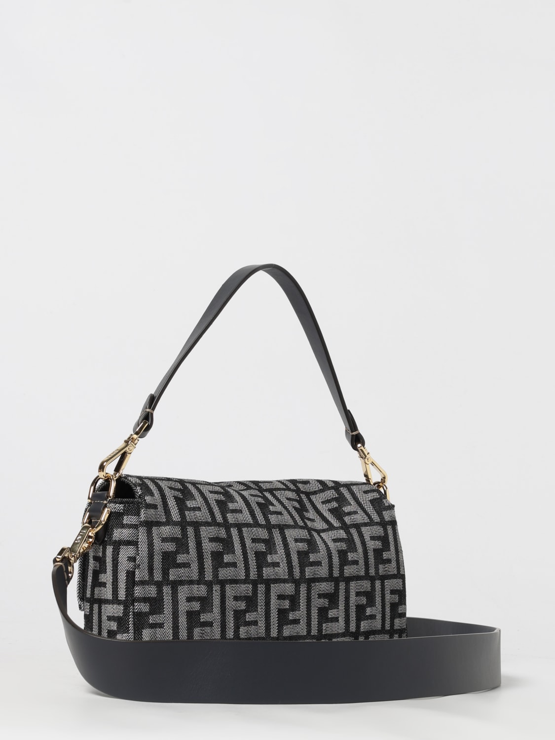 FENDI BORSA A SPALLA: Borsa Baguette Fendi in denim con monogram FF jacquard, Nero - Img 3