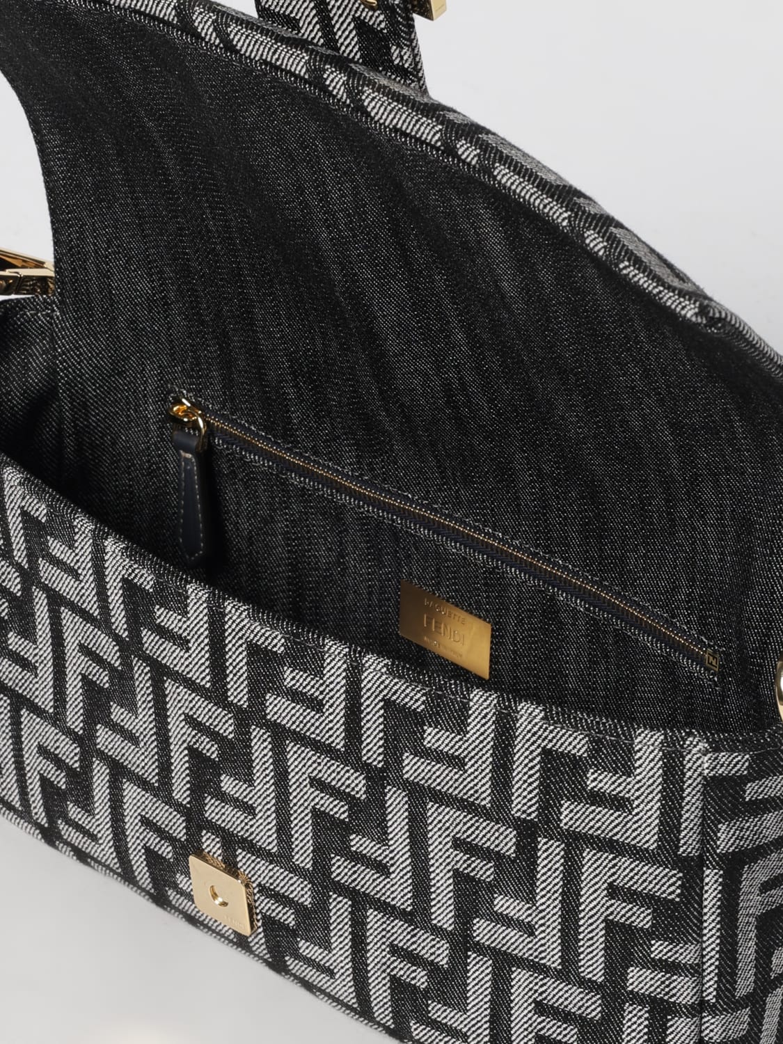 FENDI BORSA A SPALLA: Borsa Baguette Fendi in denim con monogram FF jacquard, Nero - Img 5