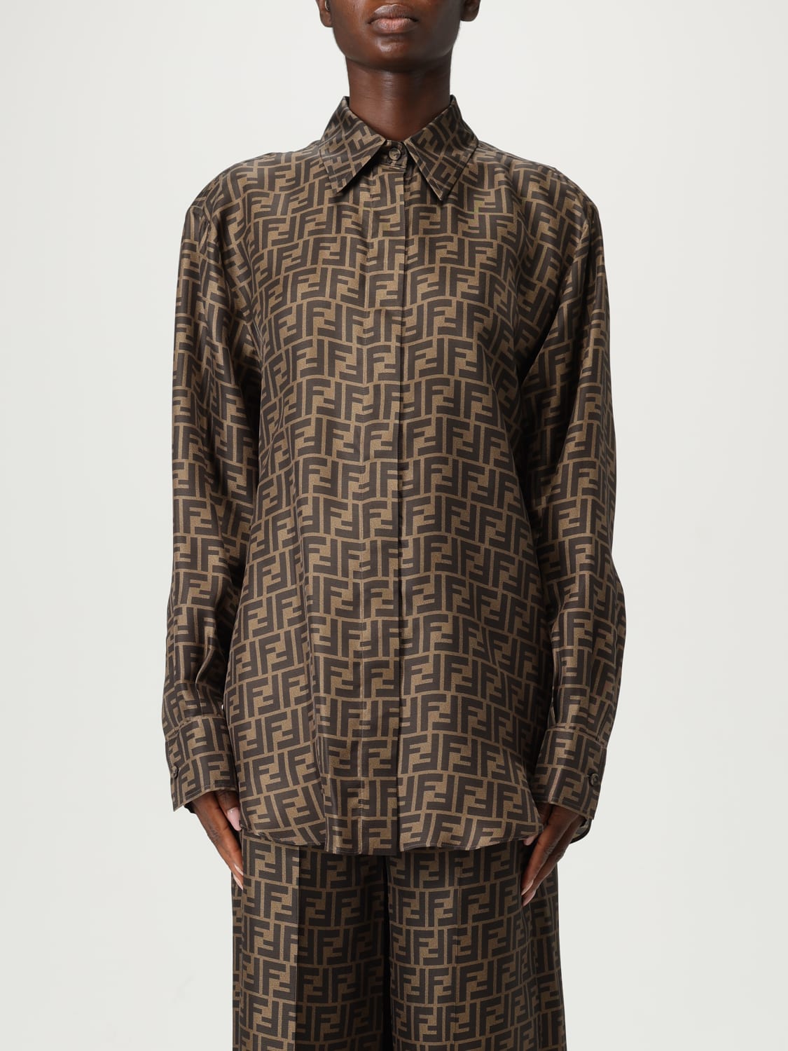 FENDI CAMICIA: Camicia Fendi in seta con stampa monogram , Tabacco - Img 1