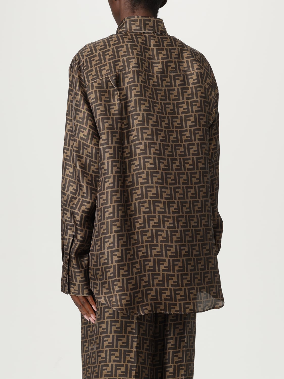 FENDI CAMICIA: Camicia Fendi in seta con stampa monogram , Tabacco - Img 3