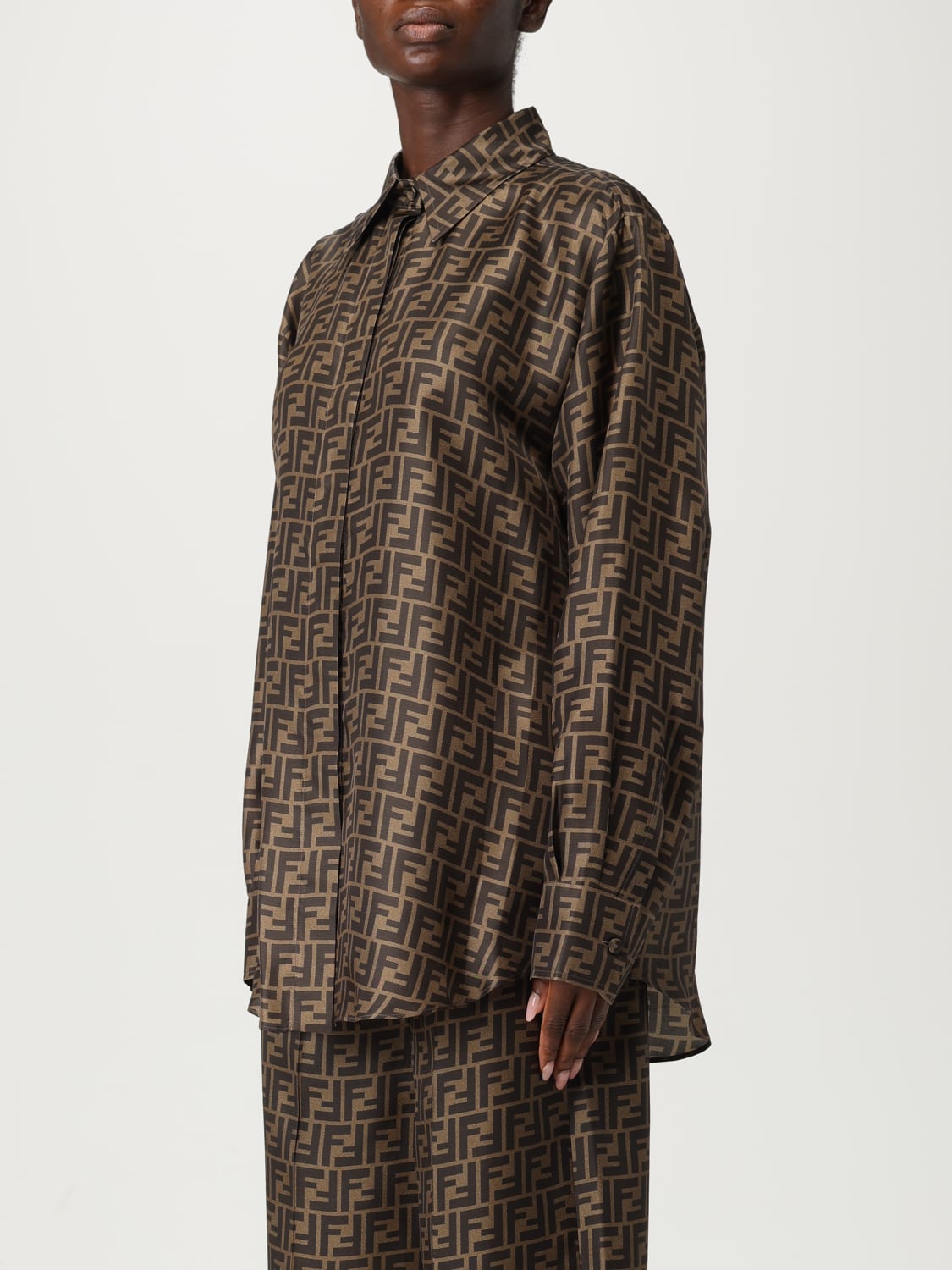 FENDI CAMICIA: Camicia Fendi in seta con stampa monogram , Tabacco - Img 4