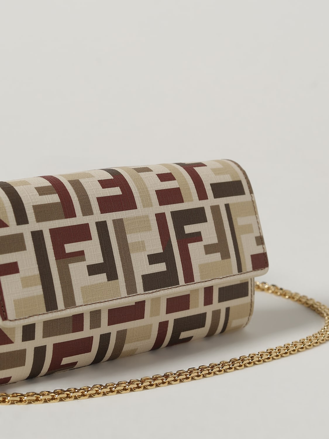FENDI BORSA MINI: Continental With Chain Fendi in cotone spalmato con FF multicolor, Beige - Img 4