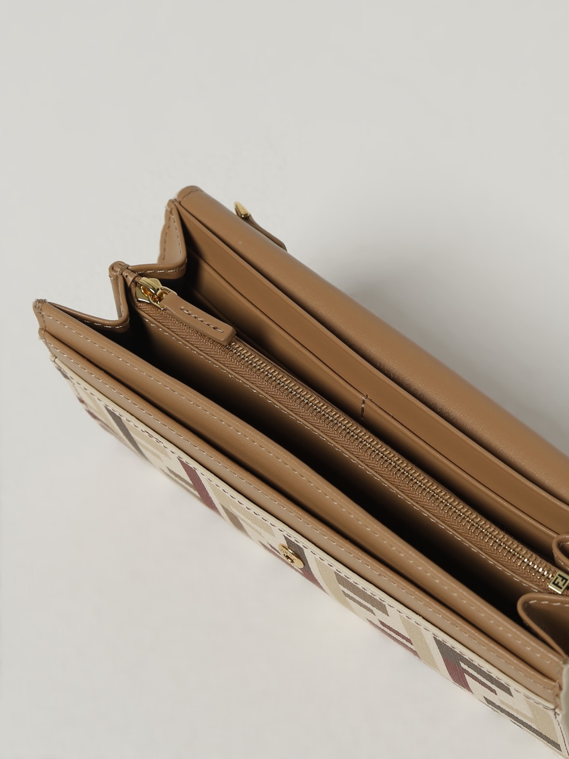 FENDI BORSA MINI: Continental With Chain Fendi in cotone spalmato con FF multicolor, Beige - Img 5