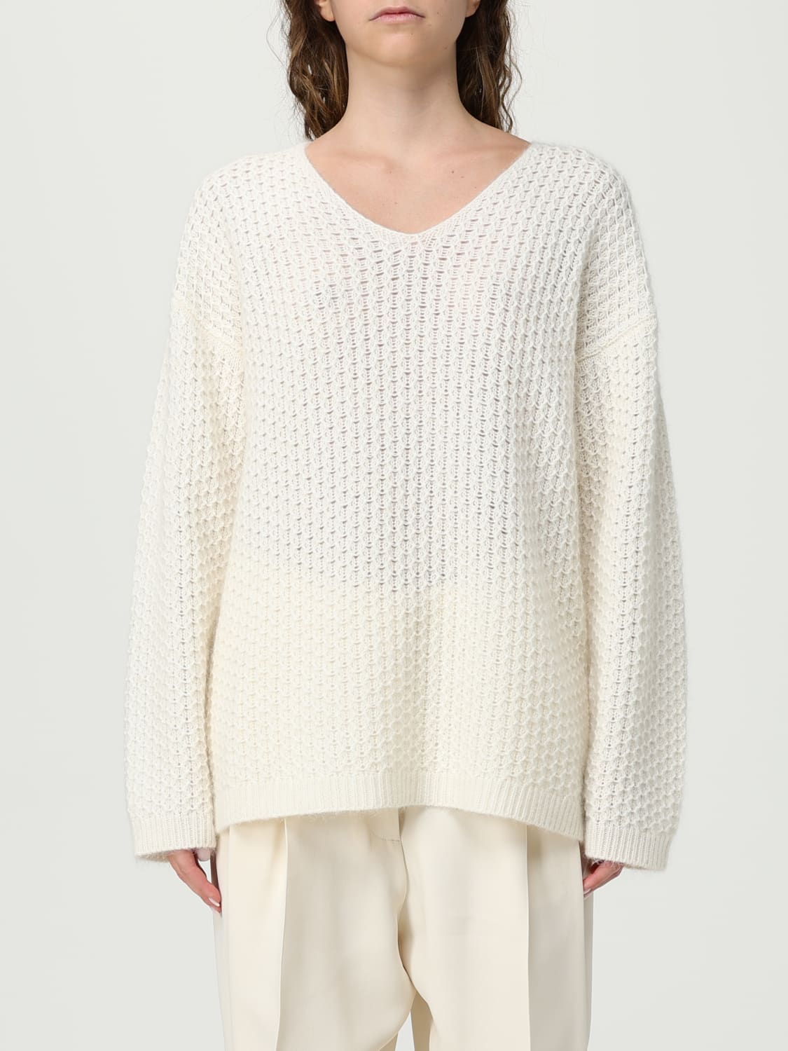 FABIANA FILIPPI MAGLIA: Maglione a v in cashmere e lana vergine a nido ape, Corda - Img 1