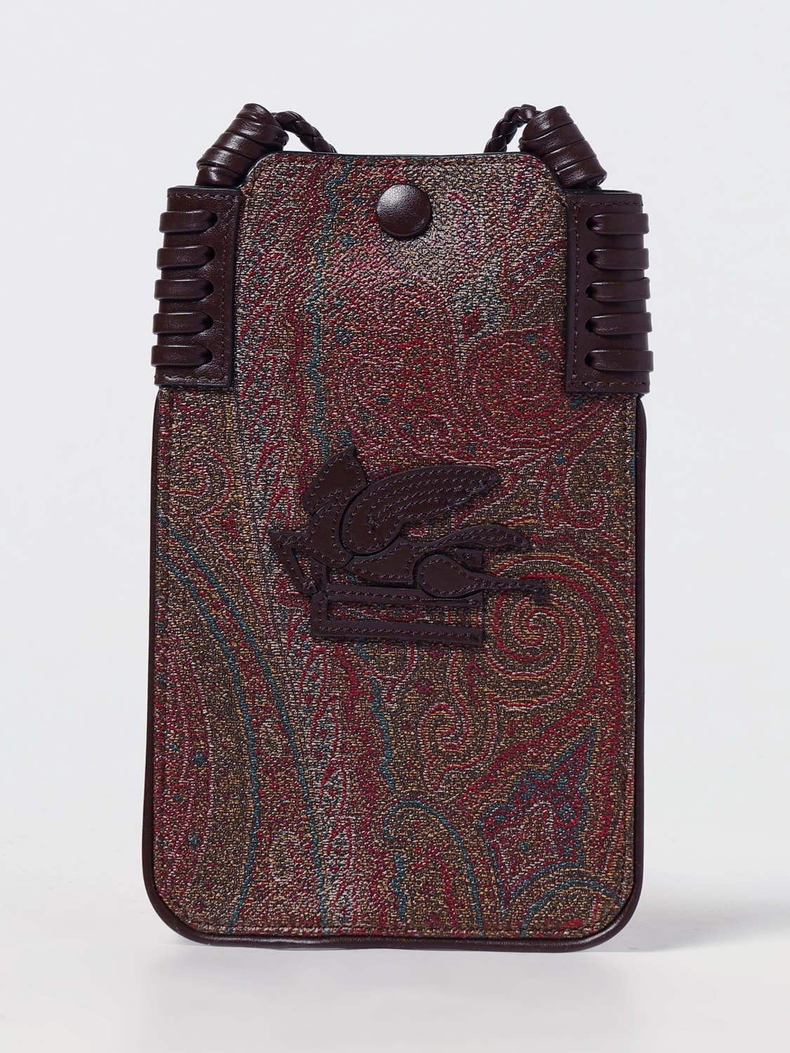 ETRO ACCESSORI TECH: Borsa per smartphone Arnica Etro in cotone spalmato stampa Paisley e pelle , Marrone - Img 1