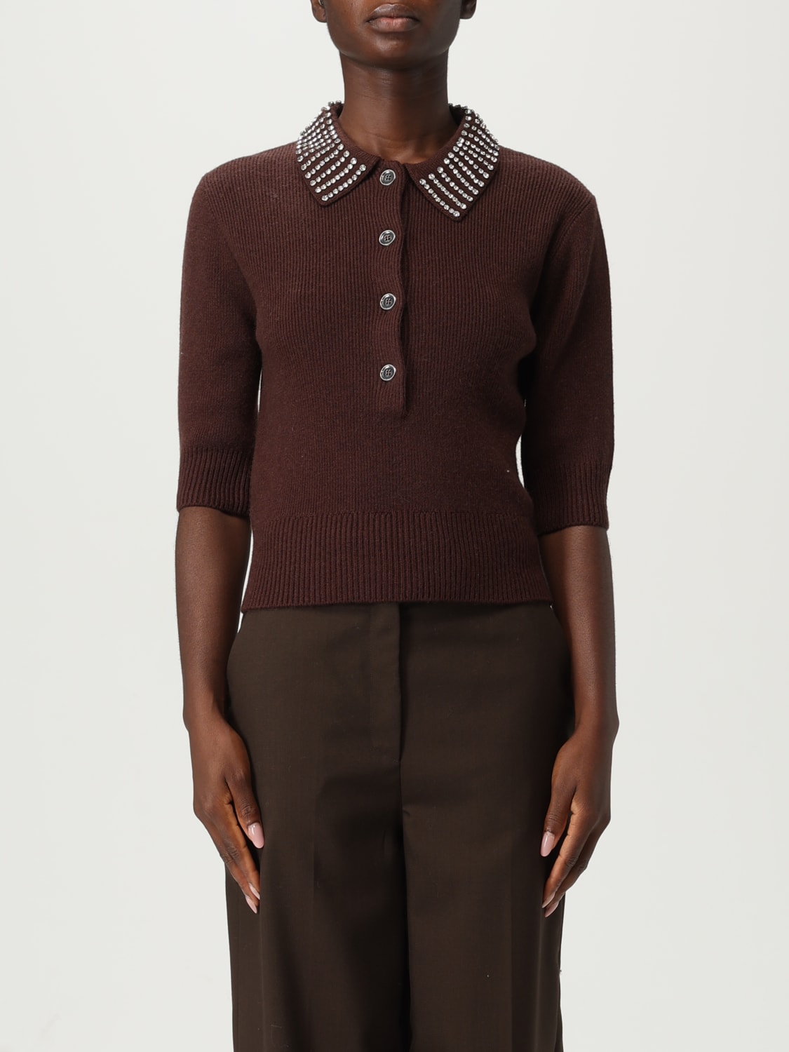 PINKO POLO: Polo in maglia Pinko con strass , Marrone - Img 1