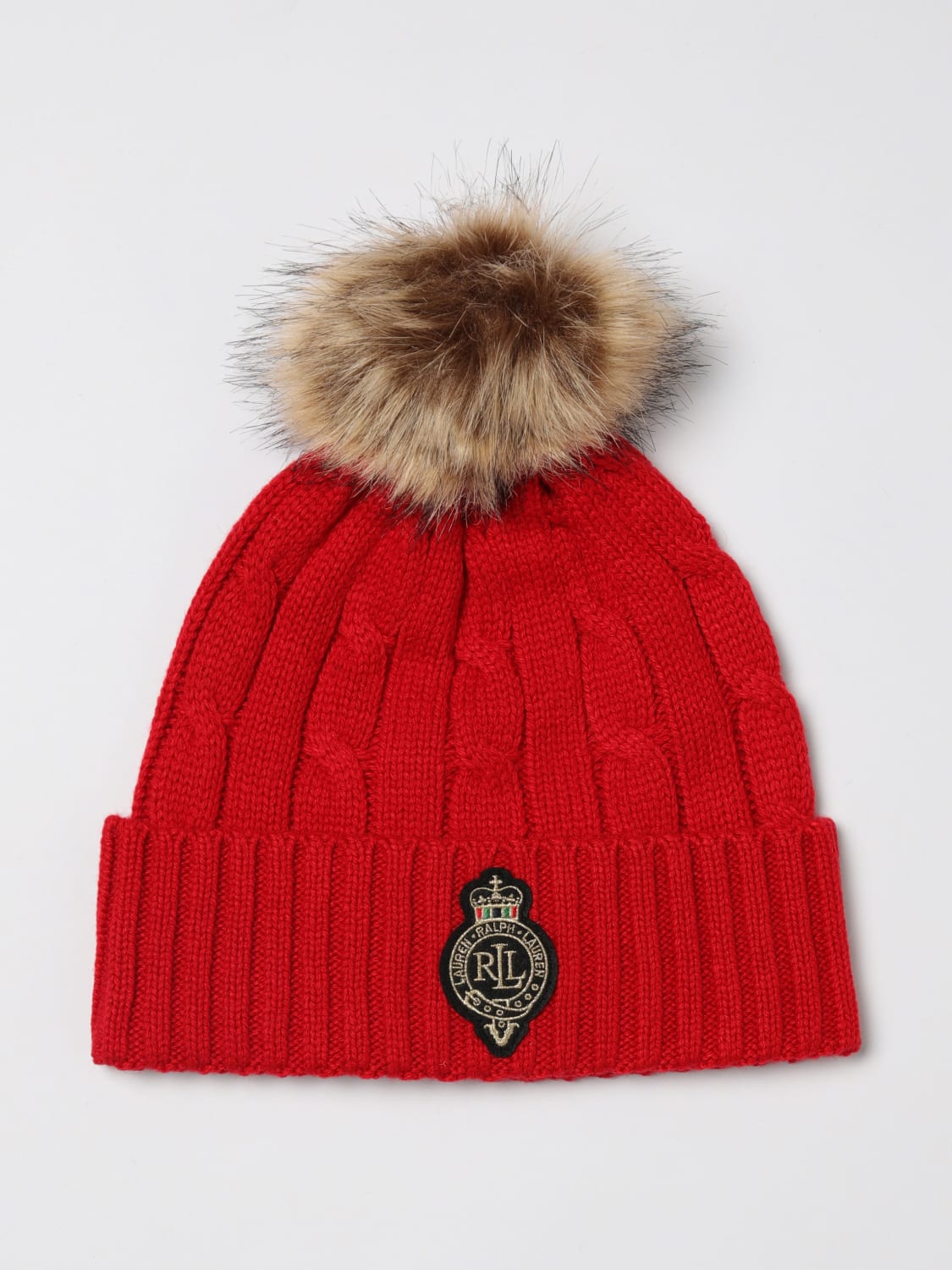 LAUREN RALPH LAUREN CAPPELLO: Cappello Lauren Ralph Lauren in misto lana a coste intrecciate con pompon , Rosso - Img 1