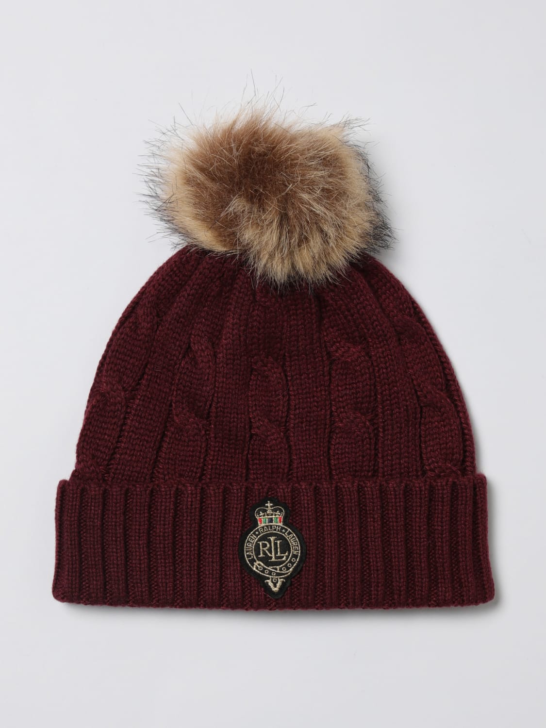 LAUREN RALPH LAUREN CAPPELLO: Cappello Lauren Ralph Lauren in misto lana a coste intrecciate con pompon , Bordeaux - Img 1