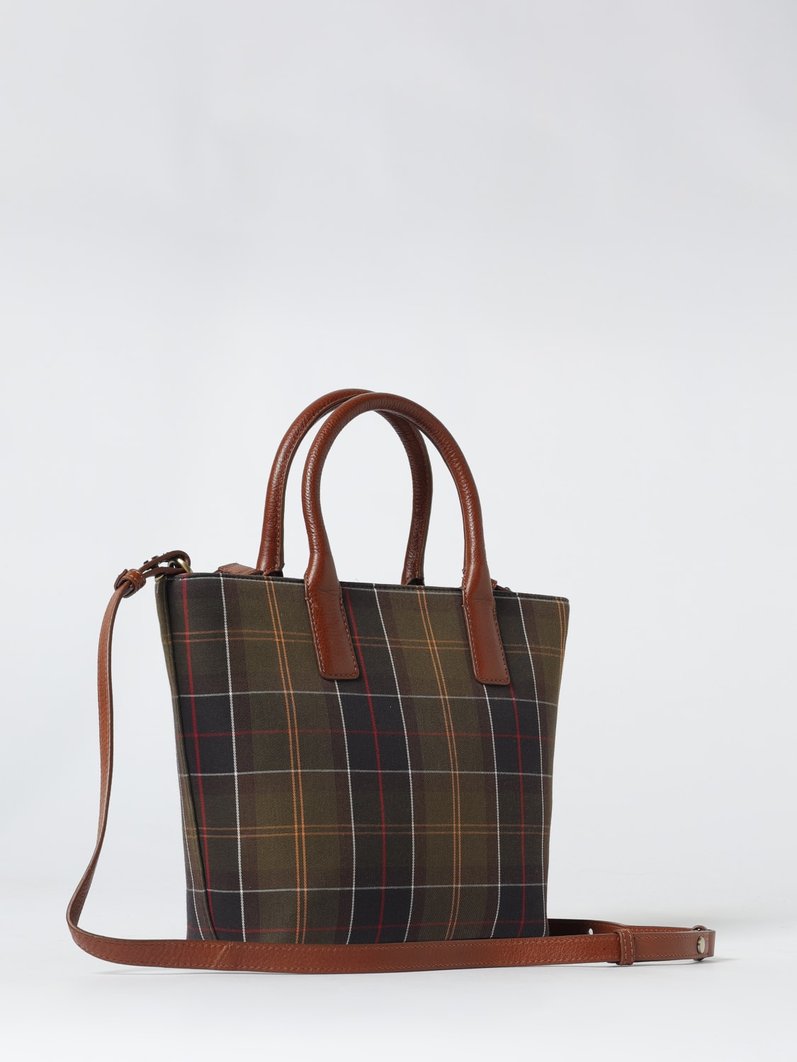 BARBOUR BORSA A MANO: Borsa Birch Barbour in canvas stampa tartan e pelle a grana , Verde - Img 2