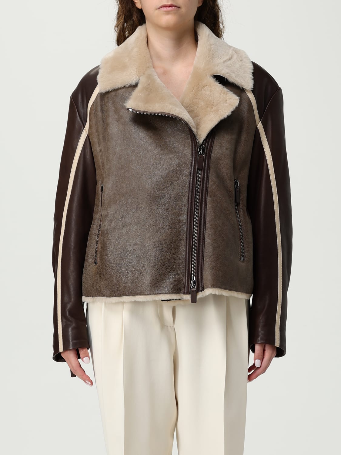 EMPORIO ARMANI PELLICCIA: Giubbotto Emporio Armani in pelle e shearling , Marrone - Img 1