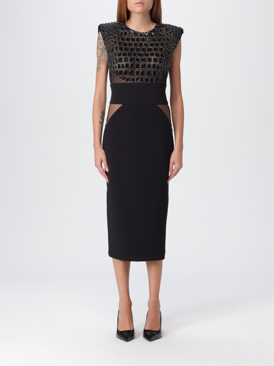 ELISABETTA FRANCHI ABITO: Abito in crepe e tulle Elisabetta Franchi, Nero - Img 1