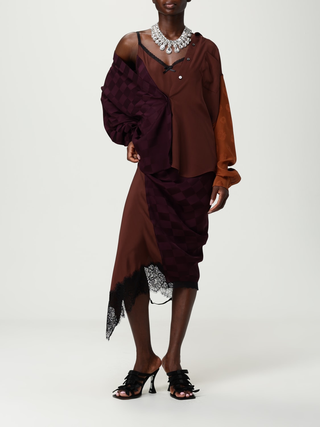 MOSCHINO COUTURE ABITO: Abito Moschino Couture in raso con inserti in pizzo , Marrone - Img 2