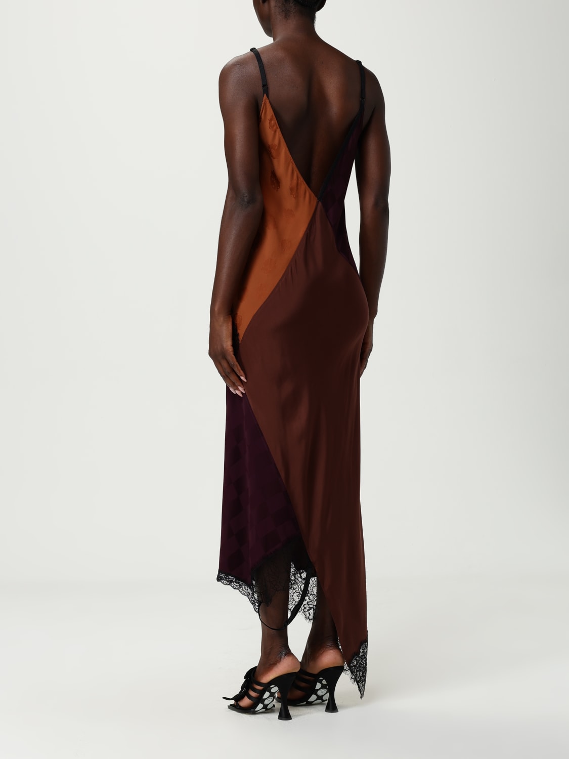 MOSCHINO COUTURE ABITO: Abito Moschino Couture in raso con inserti in pizzo , Marrone - Img 3