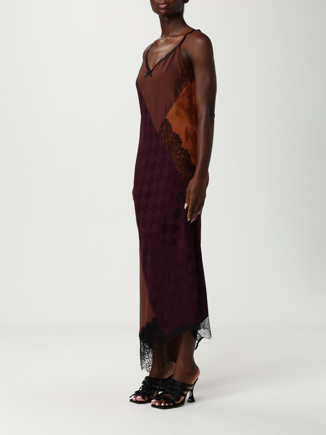 MOSCHINO COUTURE ABITO: Abito Moschino Couture in raso con inserti in pizzo , Marrone - Img 4