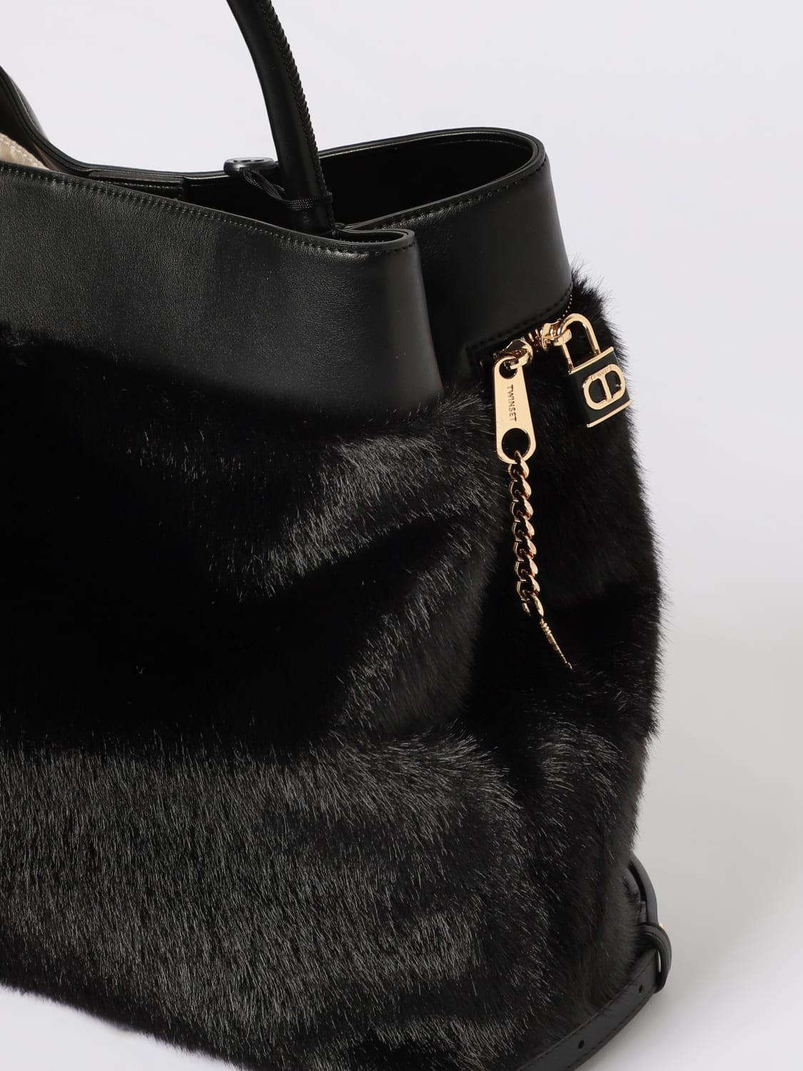 TWINSET BORSA A MANO: Borsa Twinset in ecopelliccia e pelle sintetica , Nero - Img 3