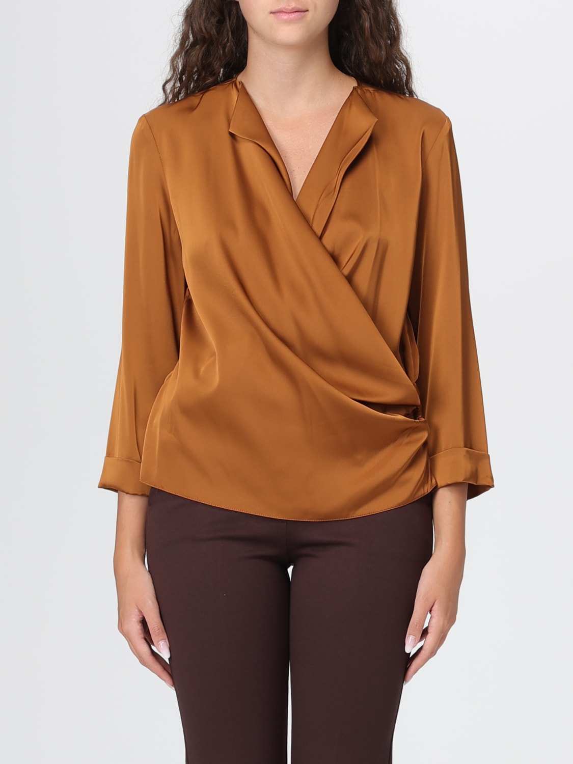 HANITA TOP: Blusa Hanita in crêpe drappeggiato, Cuoio - Img 1