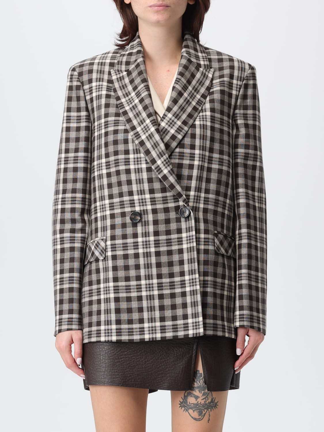 HANITA GIACCA: Blazer doppiopetto Hanita in misto viscosa check , Moro - Img 1