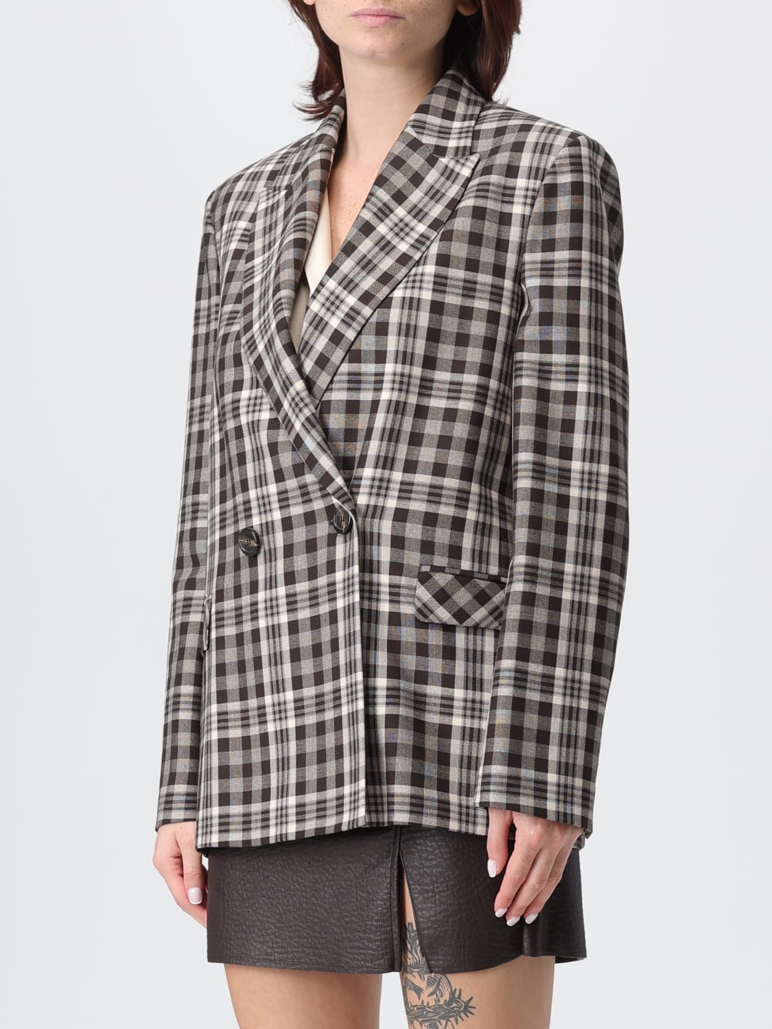 HANITA GIACCA: Blazer doppiopetto Hanita in misto viscosa check , Moro - Img 3