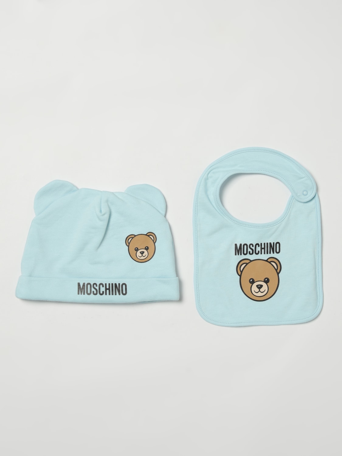 MOSCHINO BLANKET SET: Moschino Teddy cotton hat and bib set, Sky Blue - Img 1