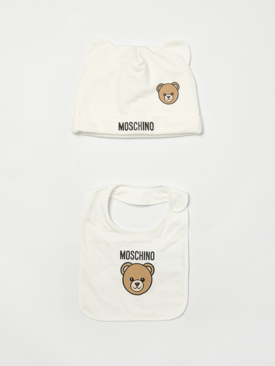 MOSCHINO BLANKET SET: Moschino Teddy cotton hat and bib set, Yellow Cream - Img 1