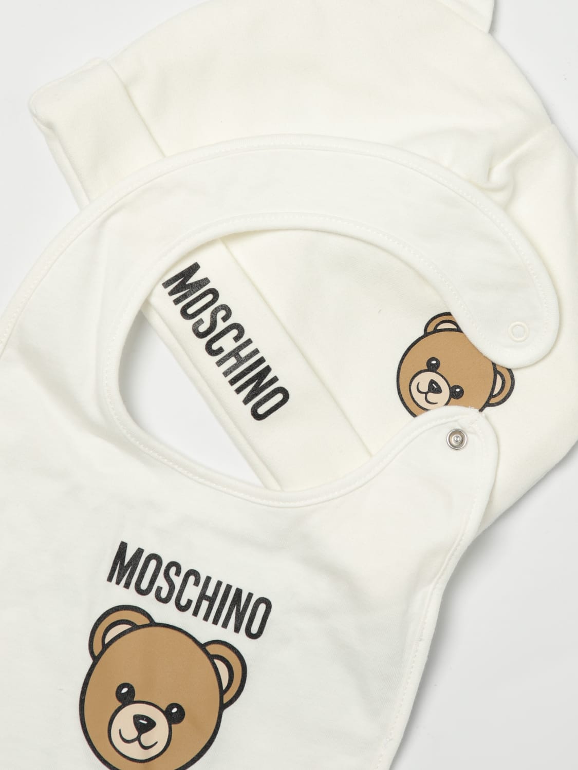 MOSCHINO BLANKET SET: Moschino Teddy cotton hat and bib set, Yellow Cream - Img 2
