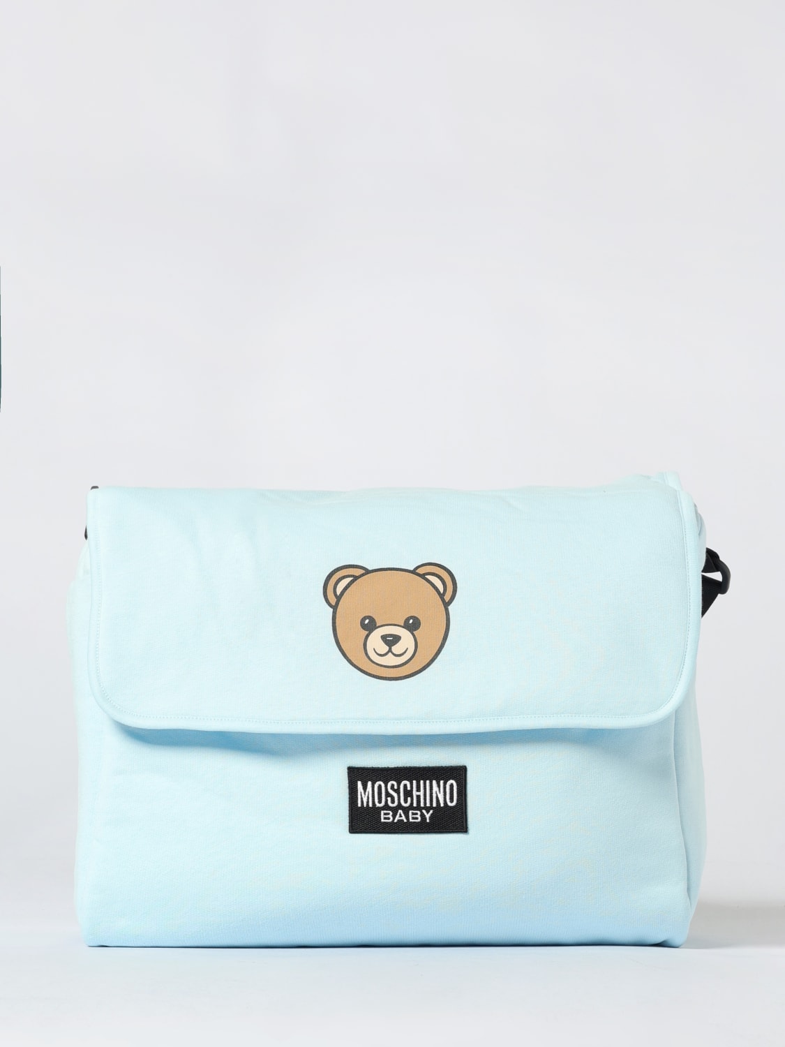 MOSCHINO CORREDI BAMBINI: Diaper Bag Moschino Teddy in cotone, Celeste - Img 1