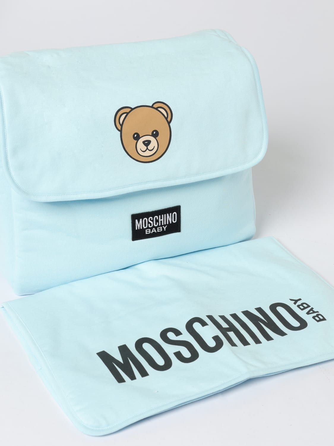 MOSCHINO CORREDI BAMBINI: Diaper Bag Moschino Teddy in cotone, Celeste - Img 3