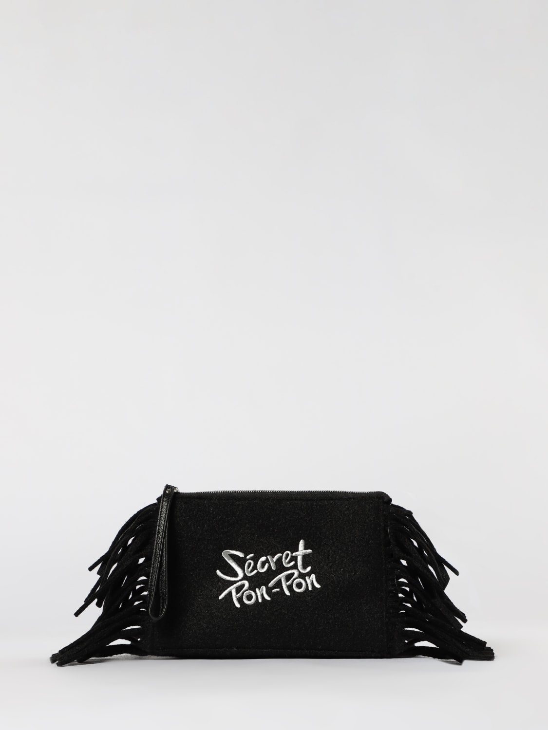 SECRET PON-PON CLUTCH: Clutch Jacqueline Secret Pon-Pon in feltro con frange, Nero - Img 1