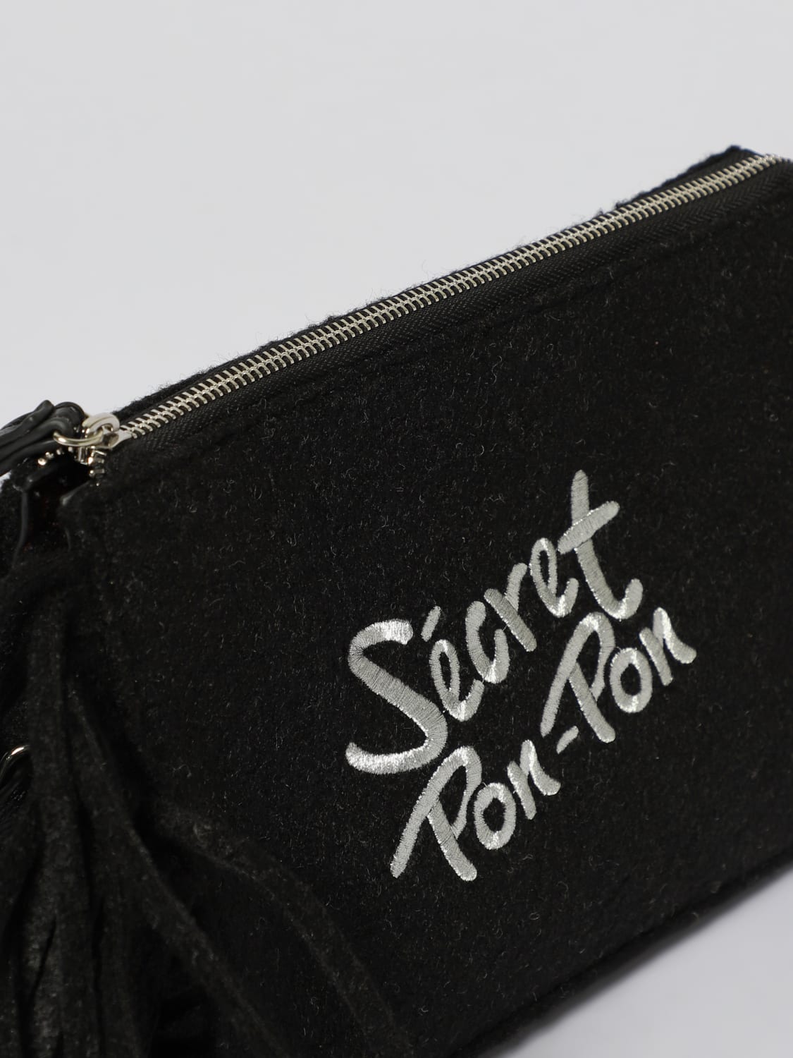 SECRET PON-PON CLUTCH: Clutch Jacqueline Secret Pon-Pon in feltro con frange, Nero - Img 3