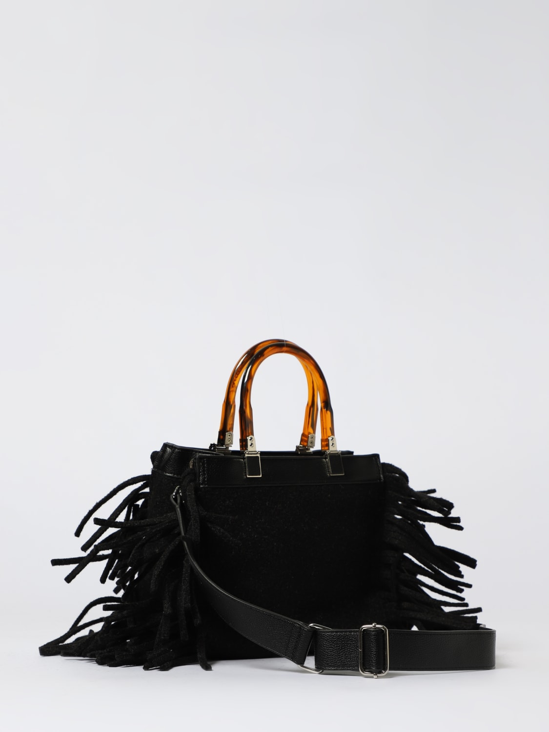 SECRET PON-PON BORSA A MANO: Borsa Jacqueline Tote Small Secret Pon-Pon in feltro con frange, Nero - Img 2