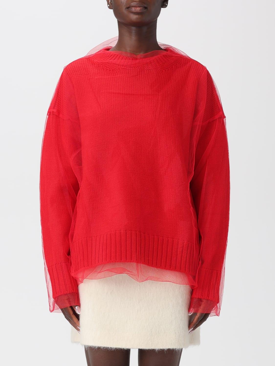 MSGM MAGLIA: Maglione in lana e tulle doppiato MSGM, Rosso - Img 1