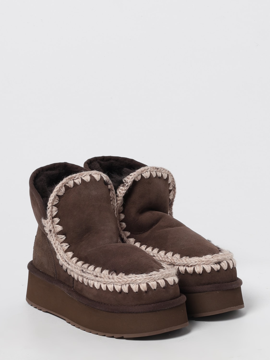 MOU STIVALI: Stivaletto Mini Eskimo Platform Mou in camoscio con cuciture in lana , Marrone - Img 2
