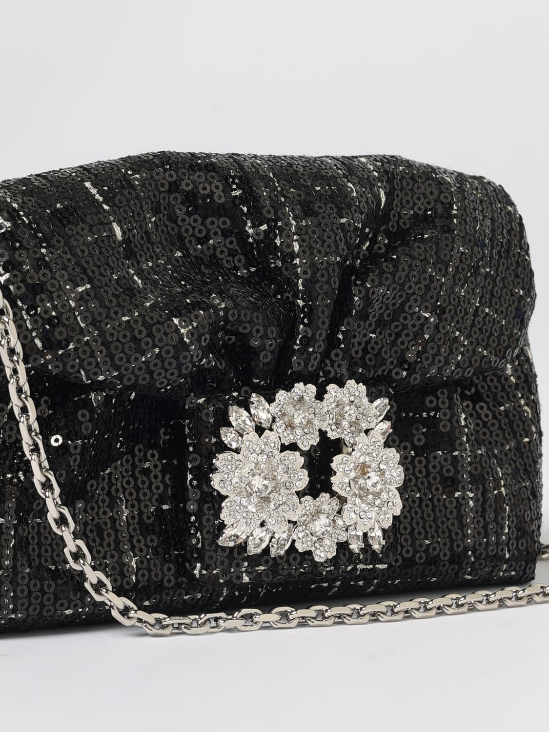 ROGER VIVIER BORSA MINI: Pochette Efflorescence Micro Roger Vivier in paillettes ricamate con fibbia gioiello , Nero - Img 3