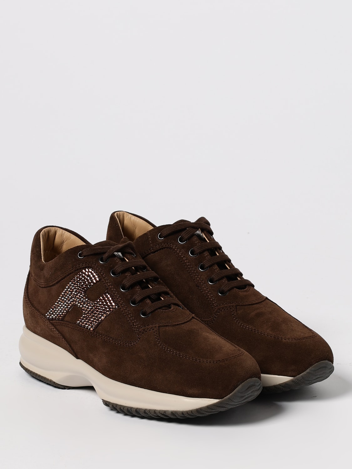 HOGAN SNEAKERS: Sneakers Interactive Hogan in camoscio con strass, Marrone - Img 2
