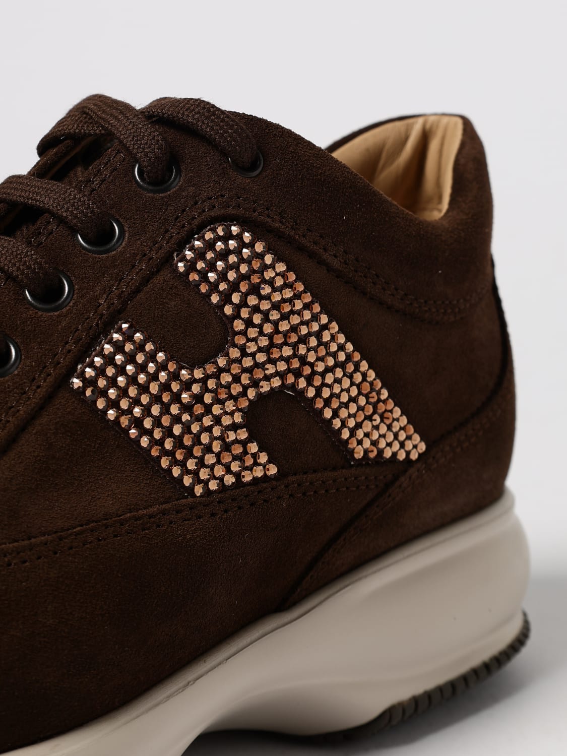 HOGAN SNEAKERS: Sneakers Interactive Hogan in camoscio con strass, Marrone - Img 4