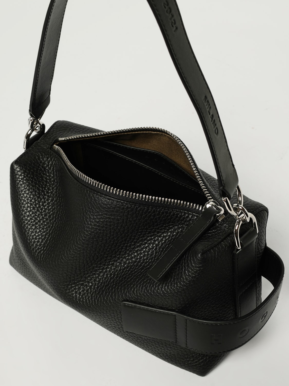 HOGAN BORSA A SPALLA: Borsa Script bauletto Hogan in pelle martellata, Nero - Img 4